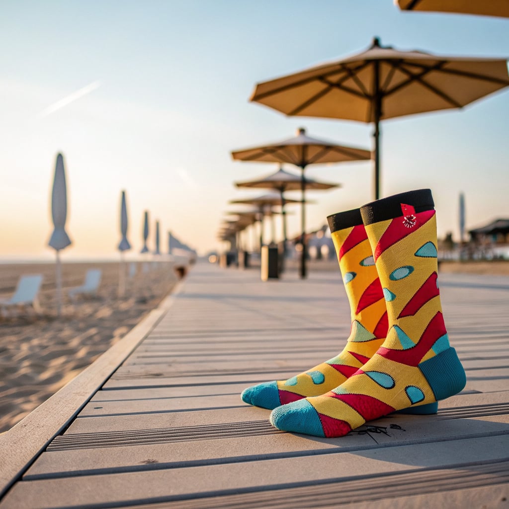 A pair of colorful socks is placed on a wooden walkway near beach umbrellas at sunset.