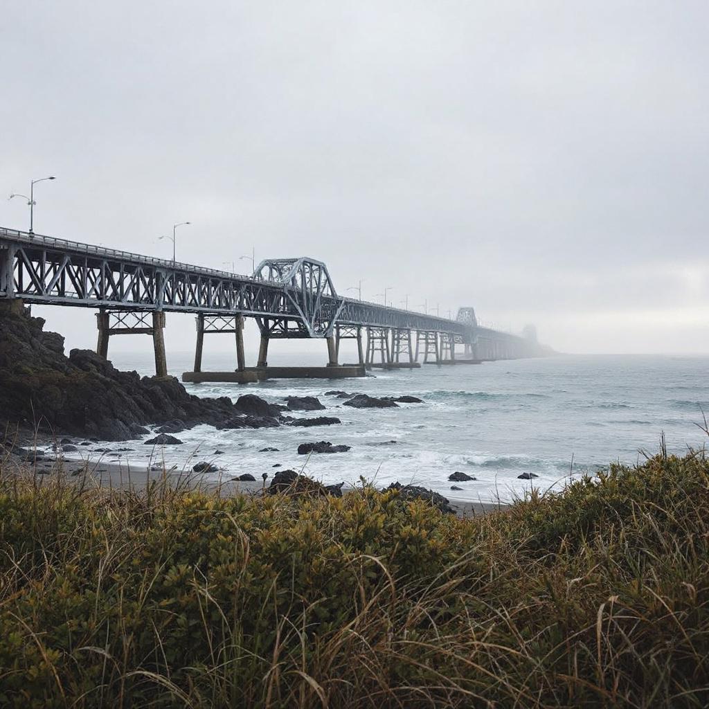 A bridge extends over a foggy coastline with waves crashing against the rocks.