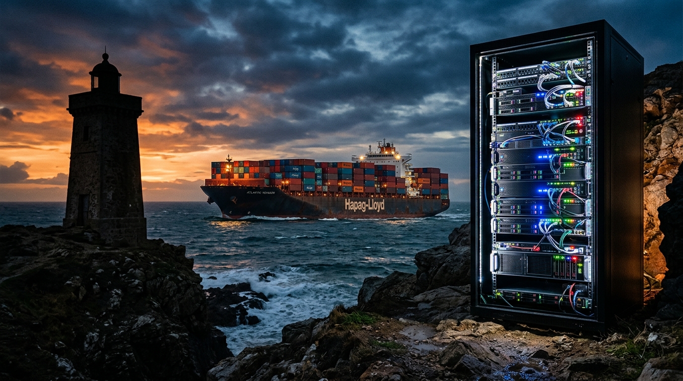 A container ship is seen in the background near a lighthouse, with a server rack in the foreground.