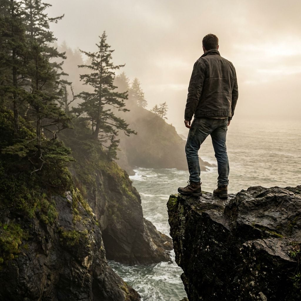A person standing on a rocky cliff overlooking a foggy coastline.