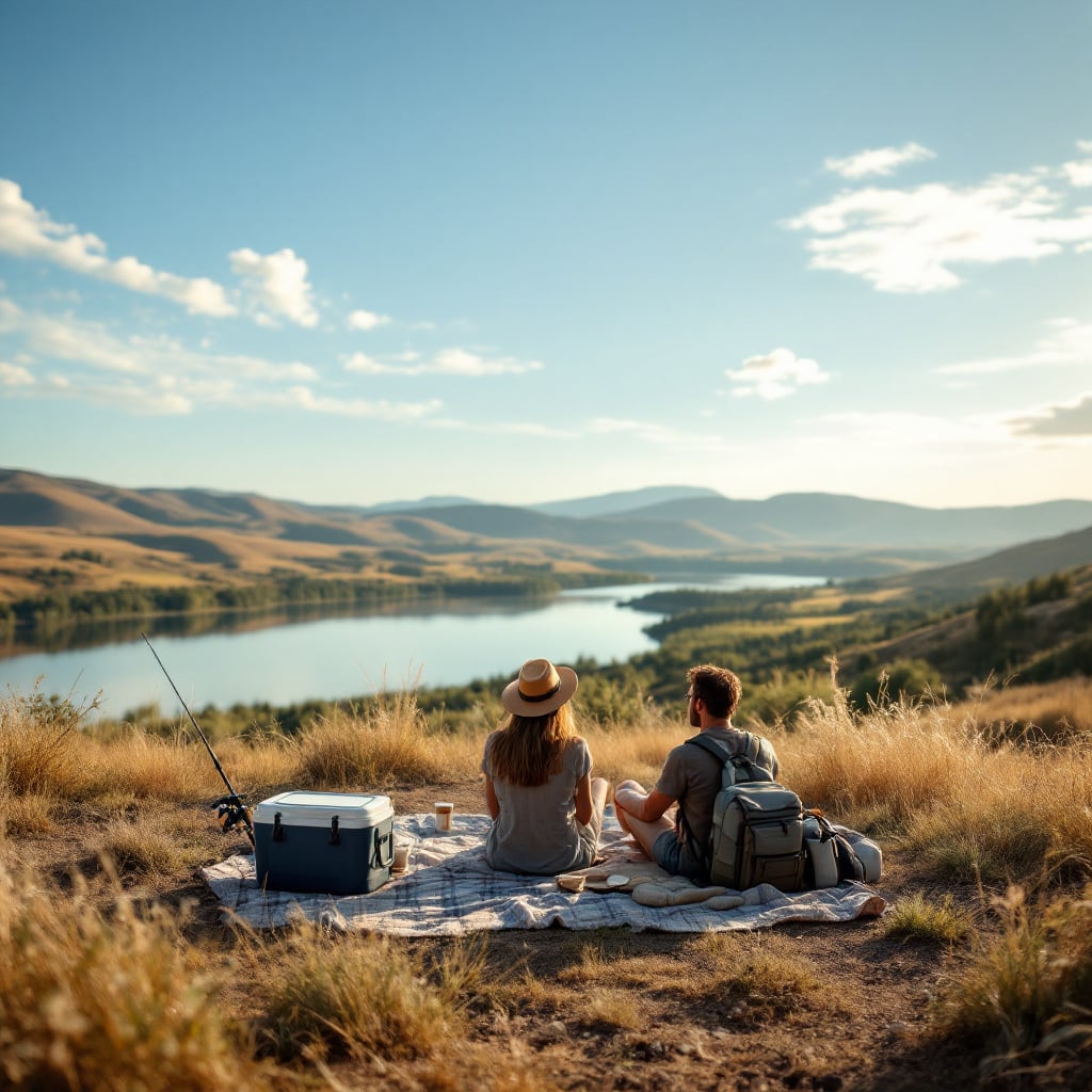 A couple sits on a blanket by a lake, enjoying the scenic view of mountains and water.