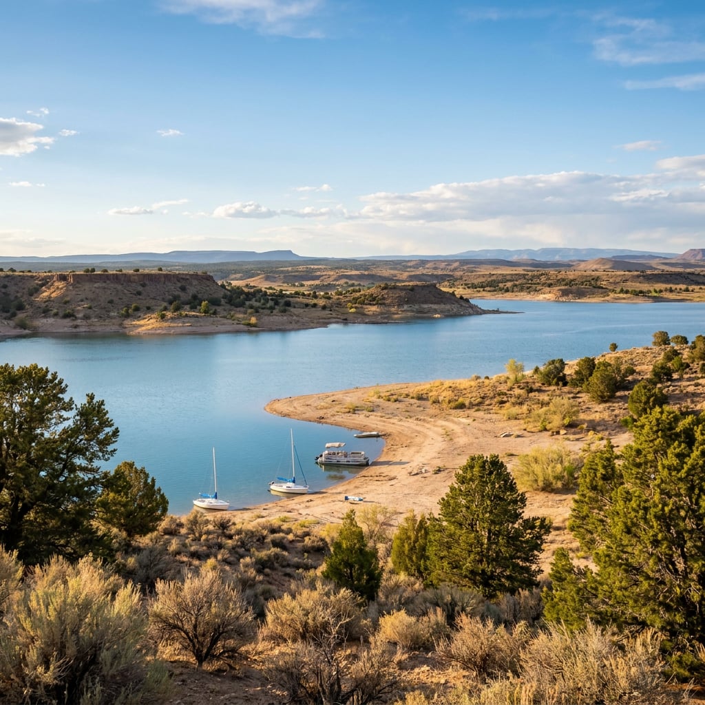 A serene lake surrounded by hills and vegetation with boats anchored near the shore.