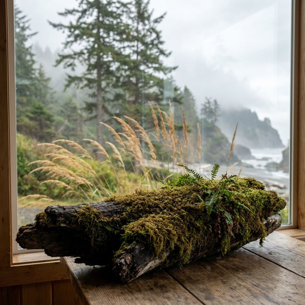 A moss-covered log sits on a wooden table with a misty coastal landscape visible through a window.