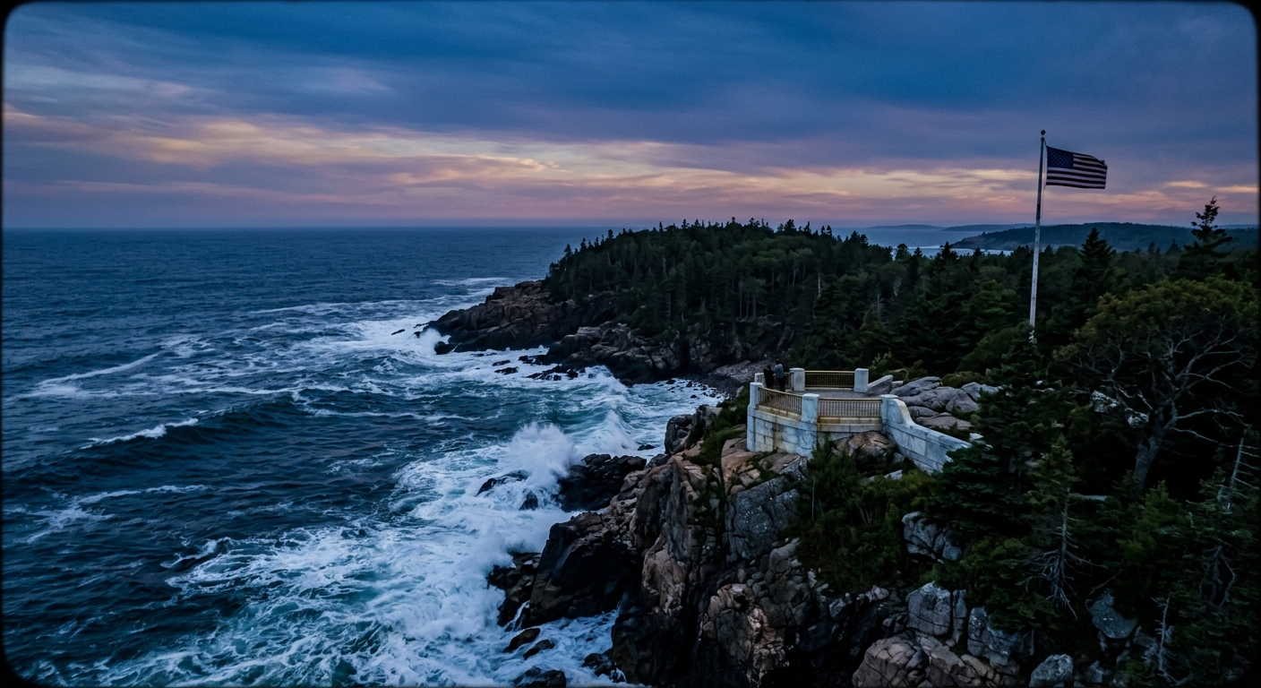 A coastal landscape featuring rocky cliffs, waves crashing against the shore, and a flag flying on a nearby point.