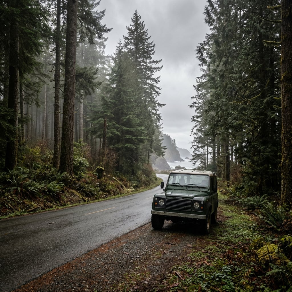 A green vehicle parked beside a misty road surrounded by tall trees and a coastal view.