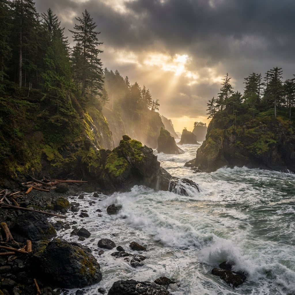 A rugged coastline with waves crashing against rocky cliffs and trees in the background under a dramatic sky.
