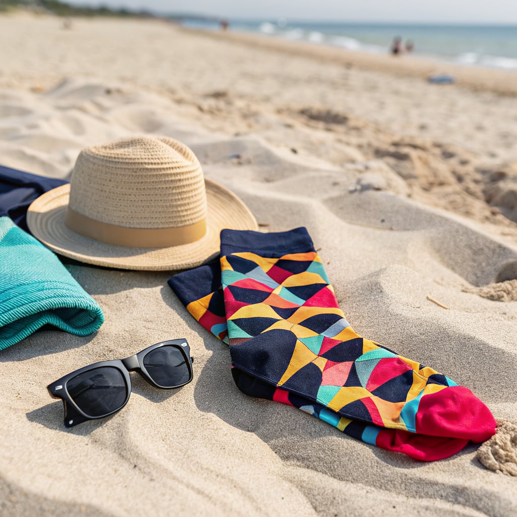 A beach scene featuring a straw hat, colorful socks, sunglasses, and a sweater on the sand.