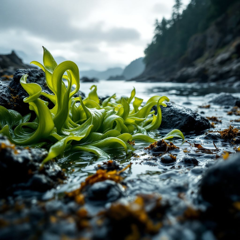 A close-up view of green seaweed growing on rocks by the water's edge.