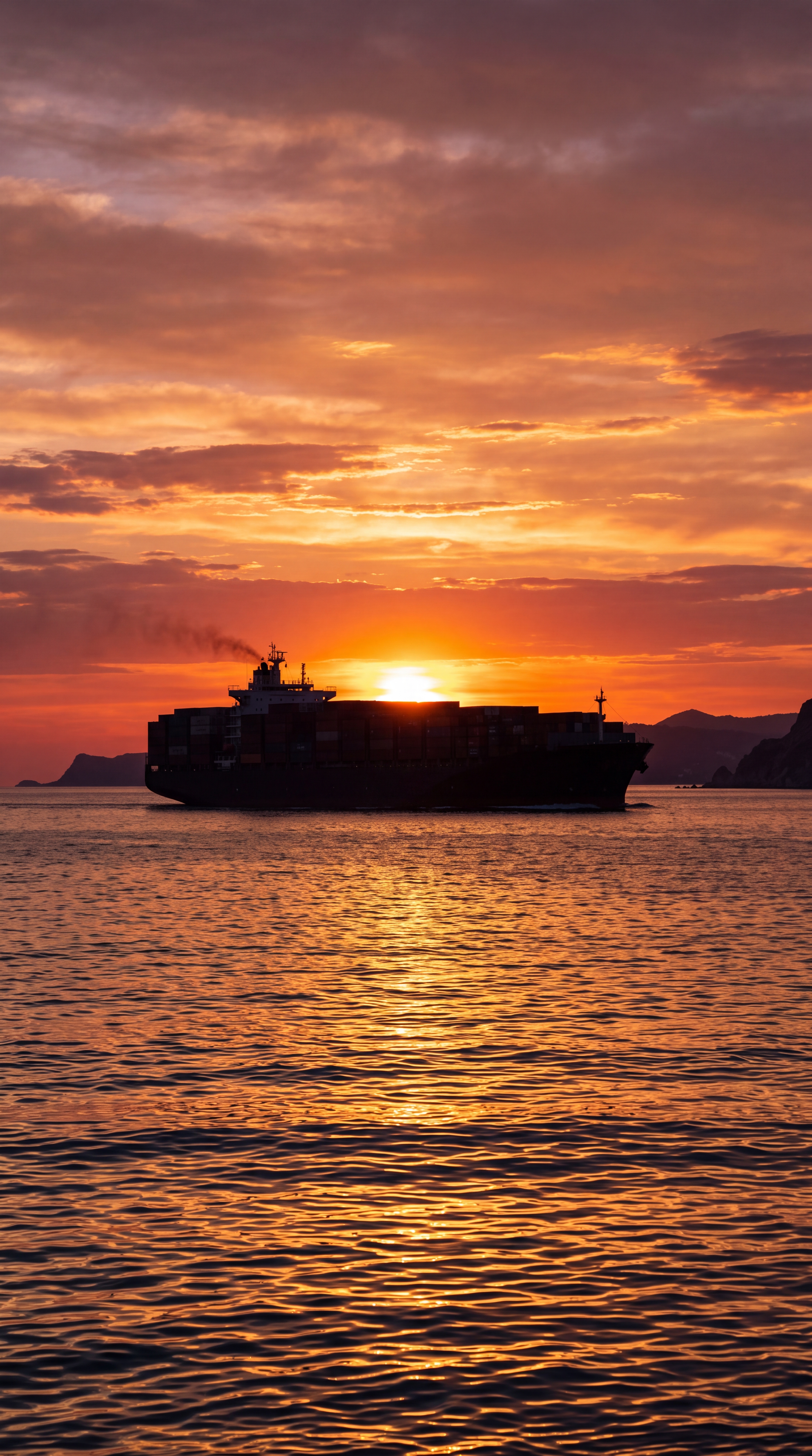 A cargo ship silhouetted against a vibrant sunset over the water.