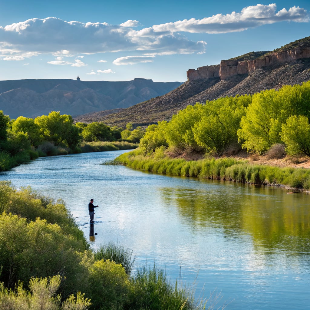 A person stands on a paddleboard in a calm river surrounded by lush greenery and rocky hills.