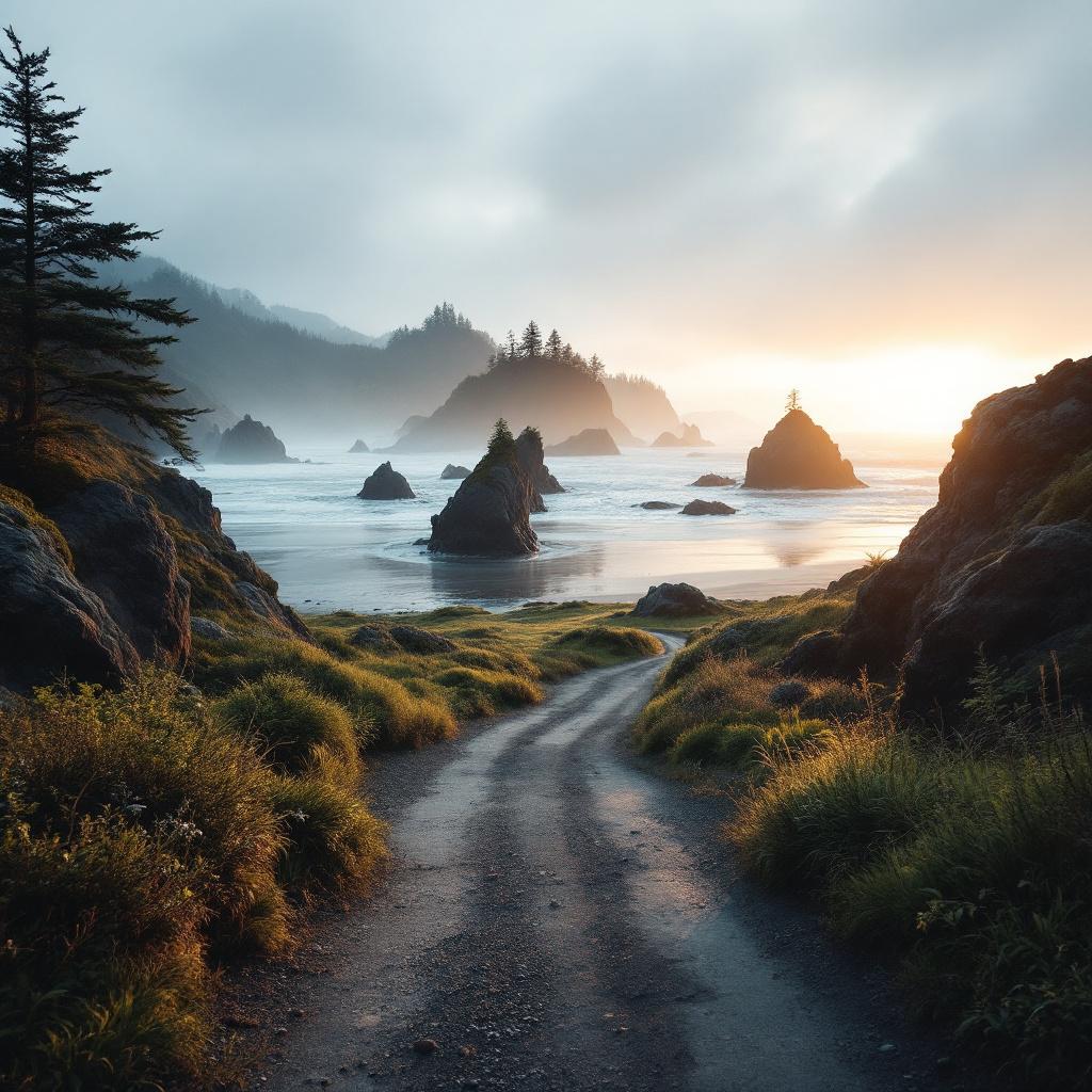 A winding dirt path leads to a rocky coastline with misty hills in the background during sunset.