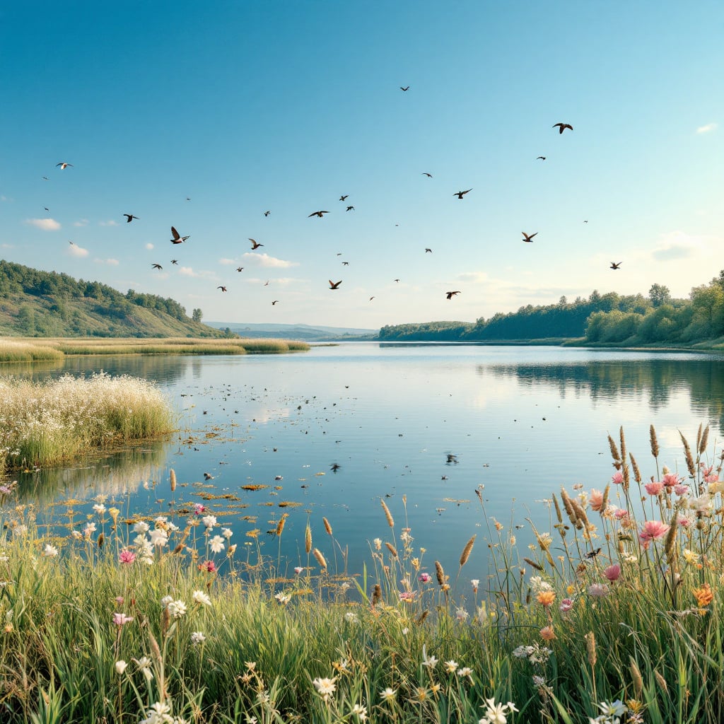 A serene river landscape with flowers in the foreground and birds flying in the sky.