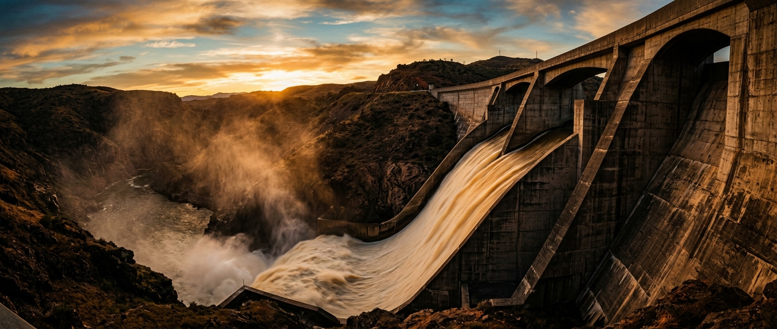 A dam releasing water into a river during sunset.