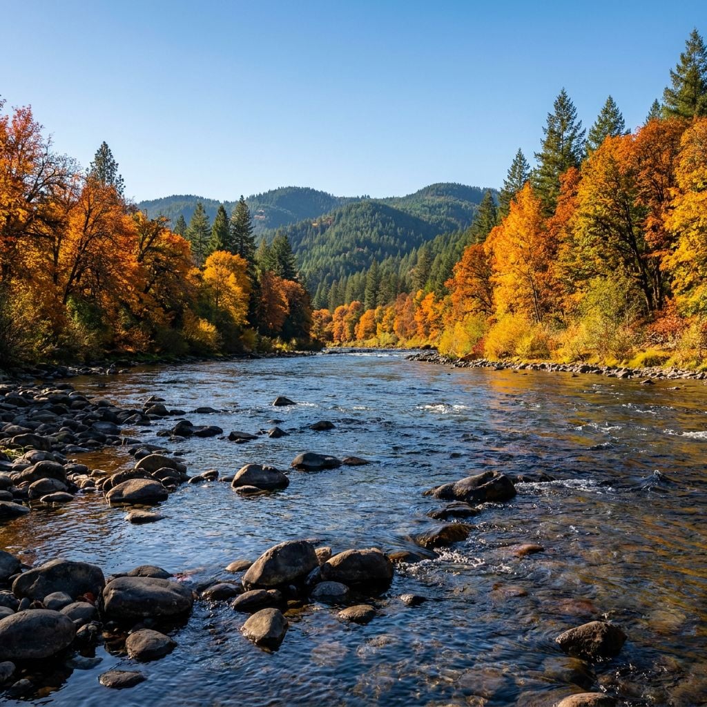 A serene river flows through a landscape of autumn-colored trees and mountains.