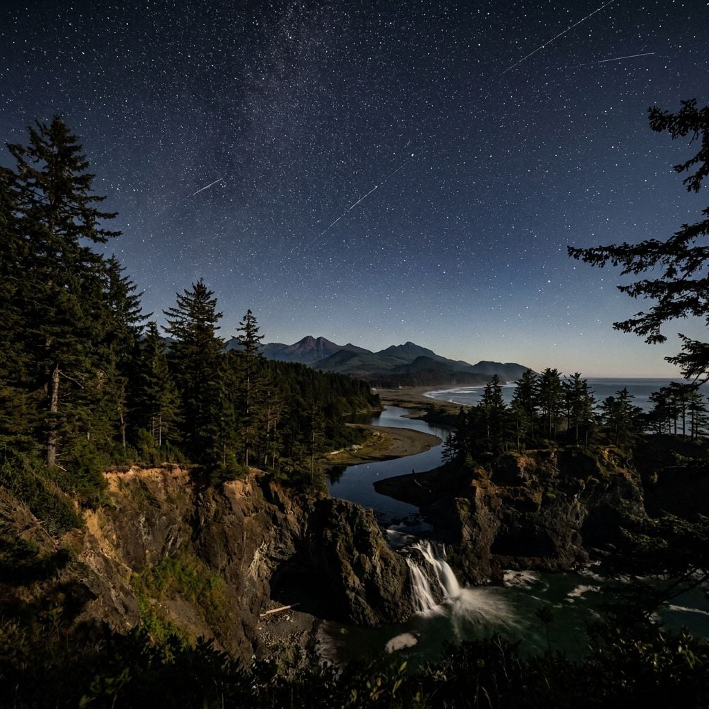 A night view of a river flowing through a forested landscape with mountains in the background under a starry sky.