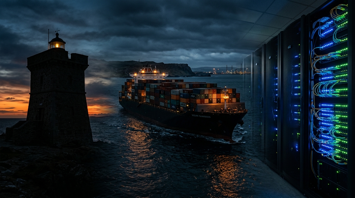 A container ship navigates near a lighthouse with a backdrop of a data center.