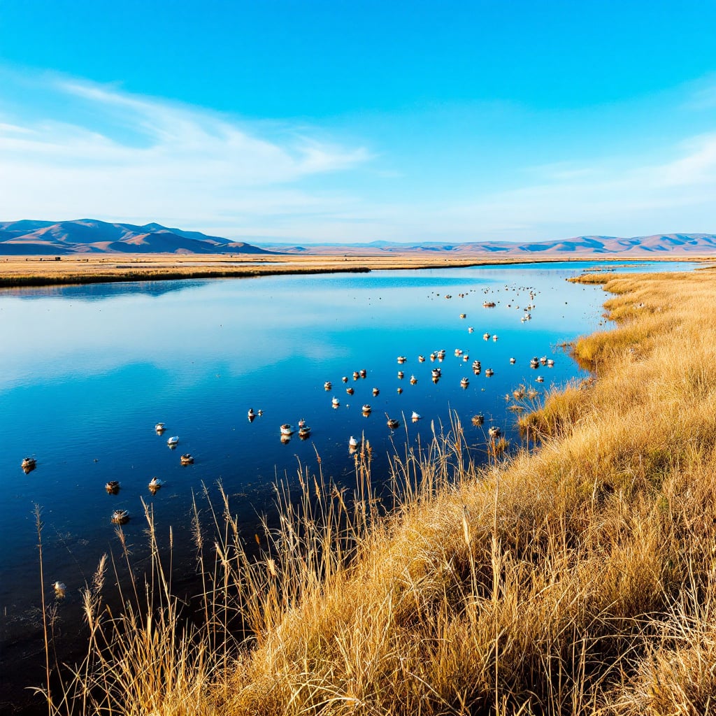 A serene landscape featuring a calm body of water surrounded by golden grass and distant mountains.