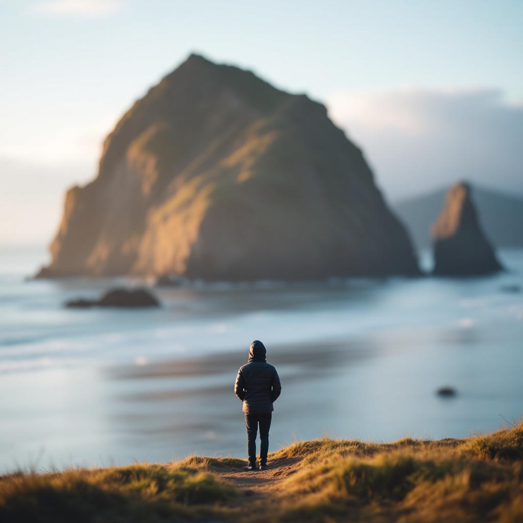 A person stands on a grassy shore looking at a large rock formation in the ocean.