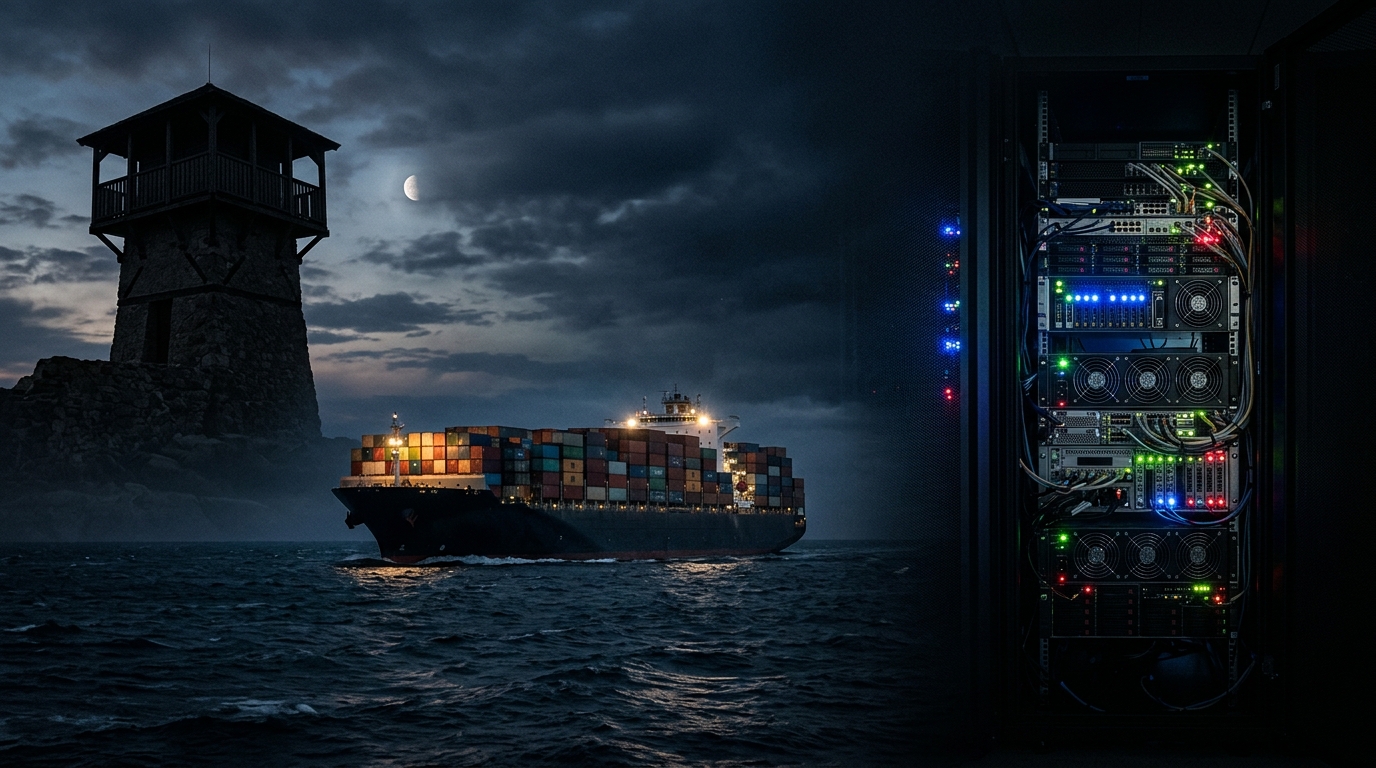 A cargo ship navigates through dark waters near a lighthouse, with a server rack illuminated by colorful lights.