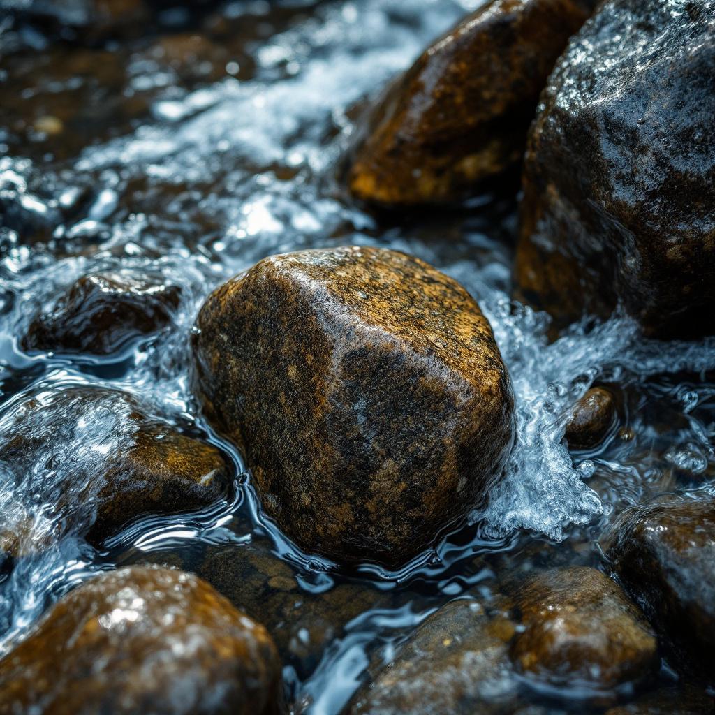 A close-up view of a rock in a stream with flowing water around it.