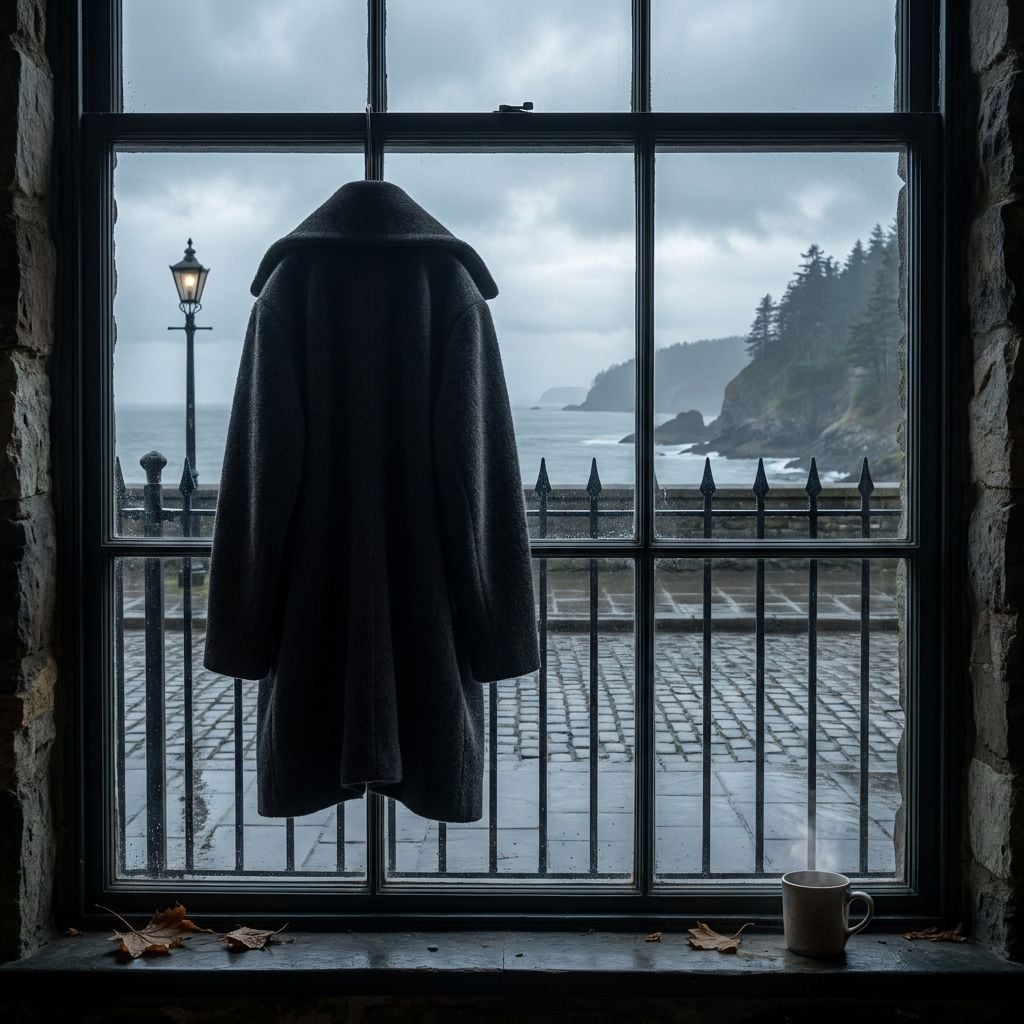 A coat hangs on a window frame overlooking a coastal scene with a lamp post and a mug on the sill.
