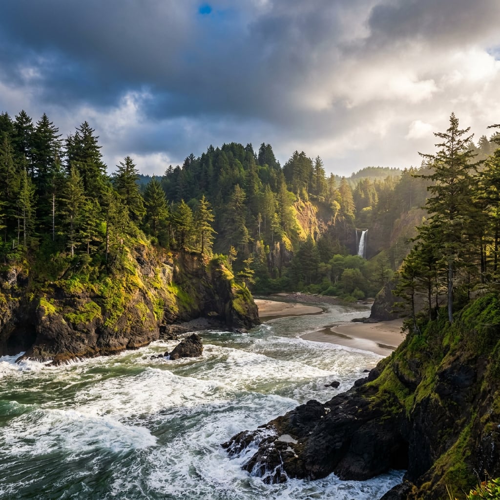 A scenic view of a waterfall surrounded by lush greenery and rocky coastline.