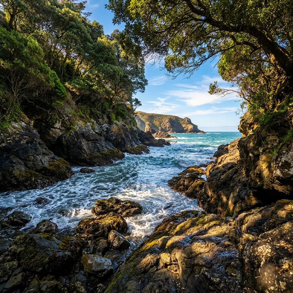 A rocky coastal scene with waves crashing against the shore and lush greenery surrounding the water.