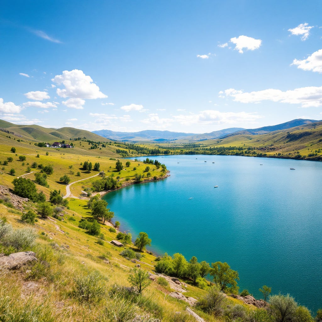 A scenic view of a turquoise lake surrounded by green hills and blue skies.
