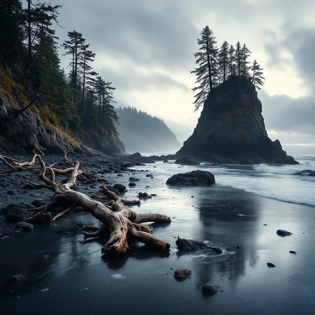 A rocky coastline with a solitary tree-covered rock formation and driftwood on the beach.