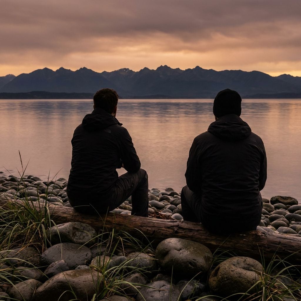 Two people sitting on a log by a calm body of water, looking at mountains in the distance during sunset.