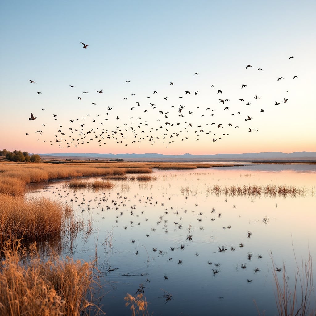 A serene landscape featuring a body of water reflecting the sky and a flock of birds flying overhead.