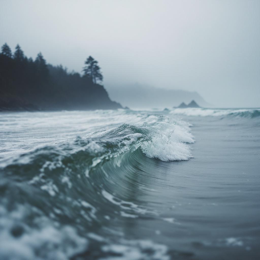 A close-up view of gentle waves lapping at a misty shoreline.