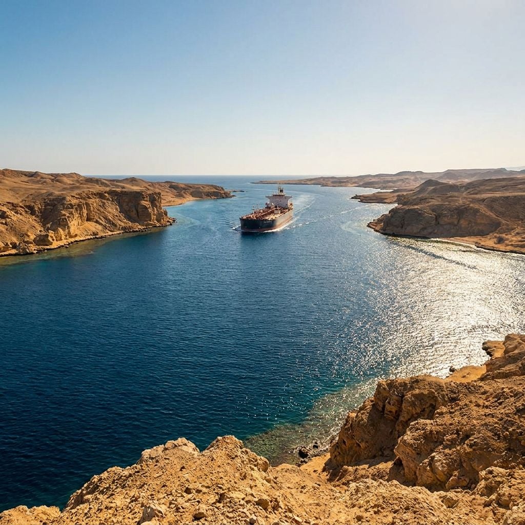 A large ship navigates through a narrow waterway surrounded by rocky cliffs.