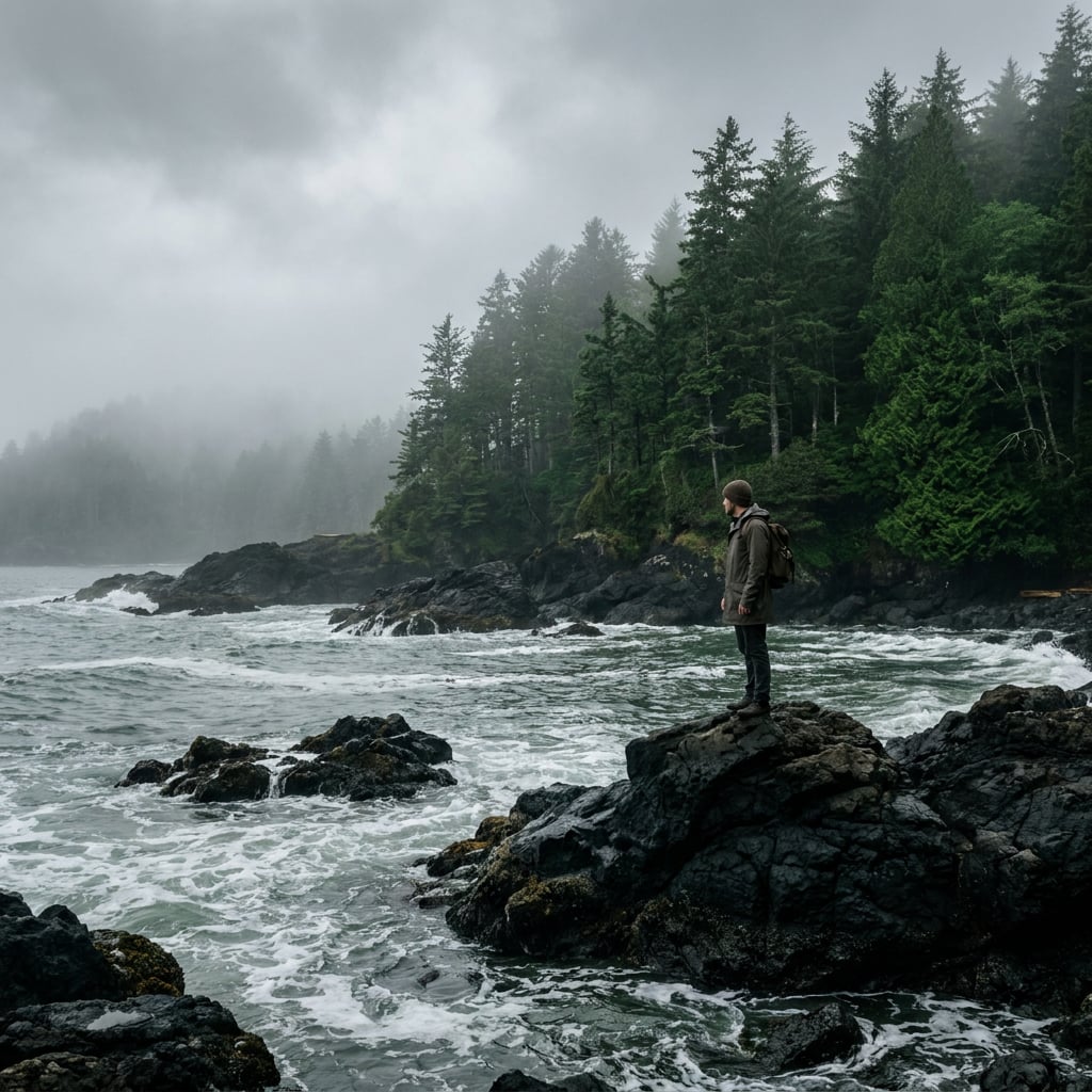 A person stands on rocks by the ocean with a forest in the background under a cloudy sky.