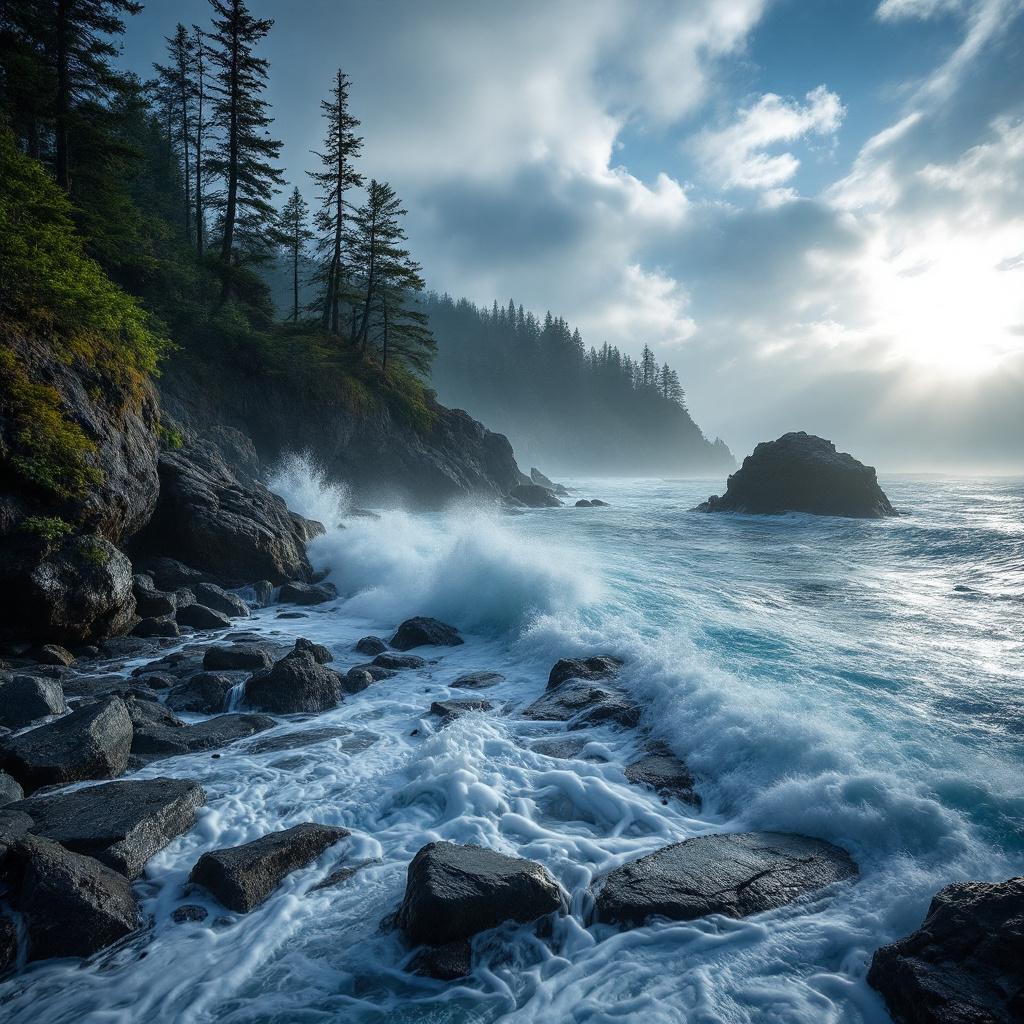 Waves crash against rocky shores under a cloudy sky with trees in the background.