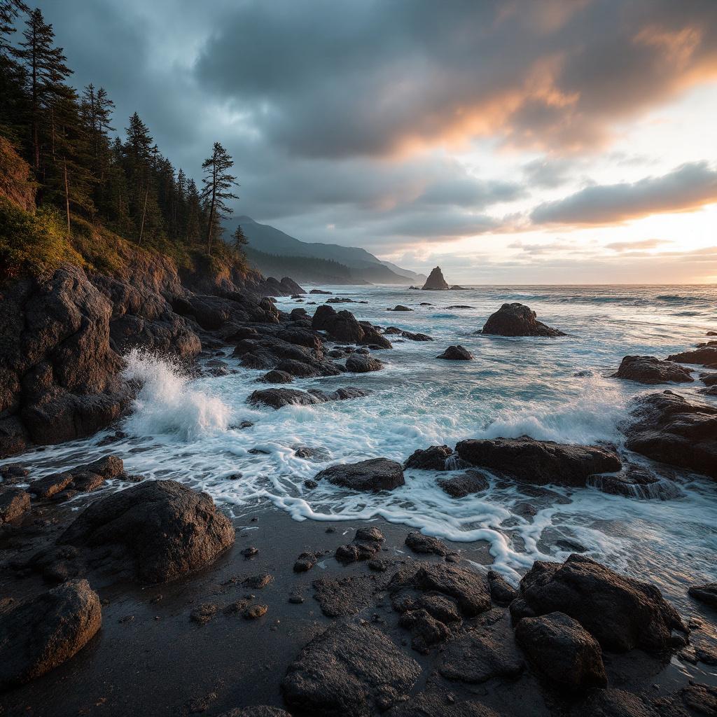 A rocky coastline with waves crashing against the shore during sunset.