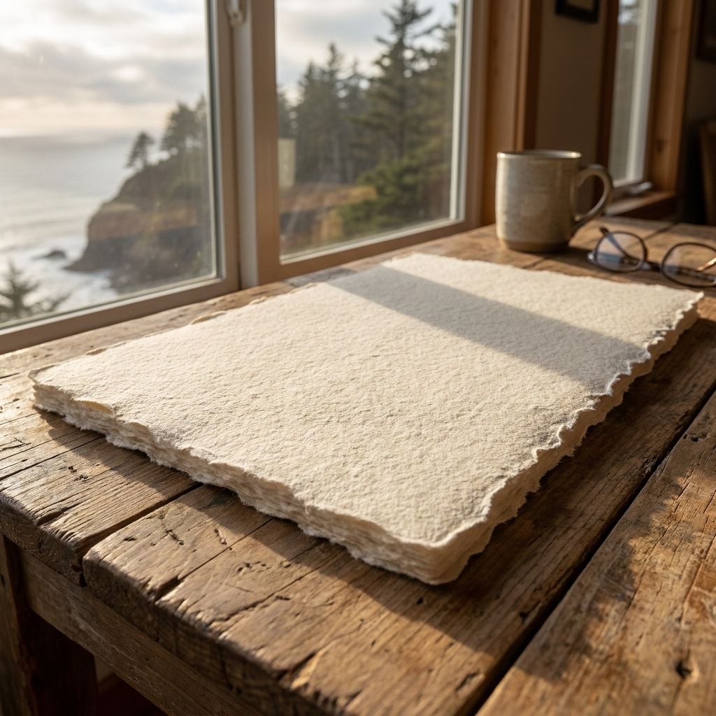 A blank sheet of textured paper rests on a wooden table near a window overlooking a coastal scene.
