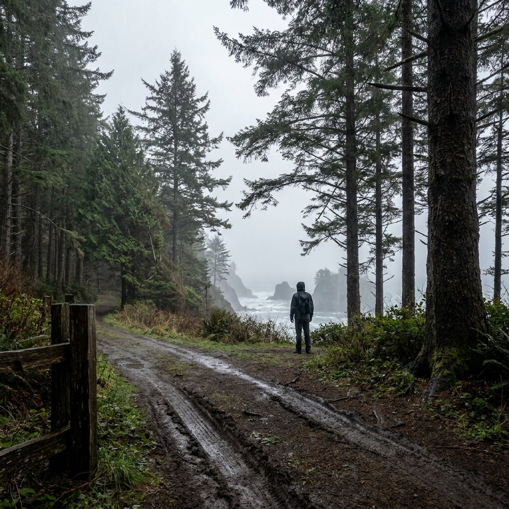 A person stands on a muddy path surrounded by trees near a coastal area on a foggy day.