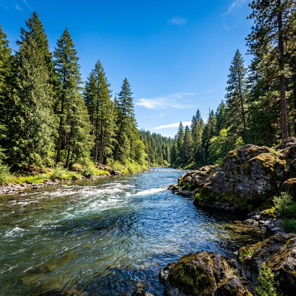 A serene river flows through a lush green forest.