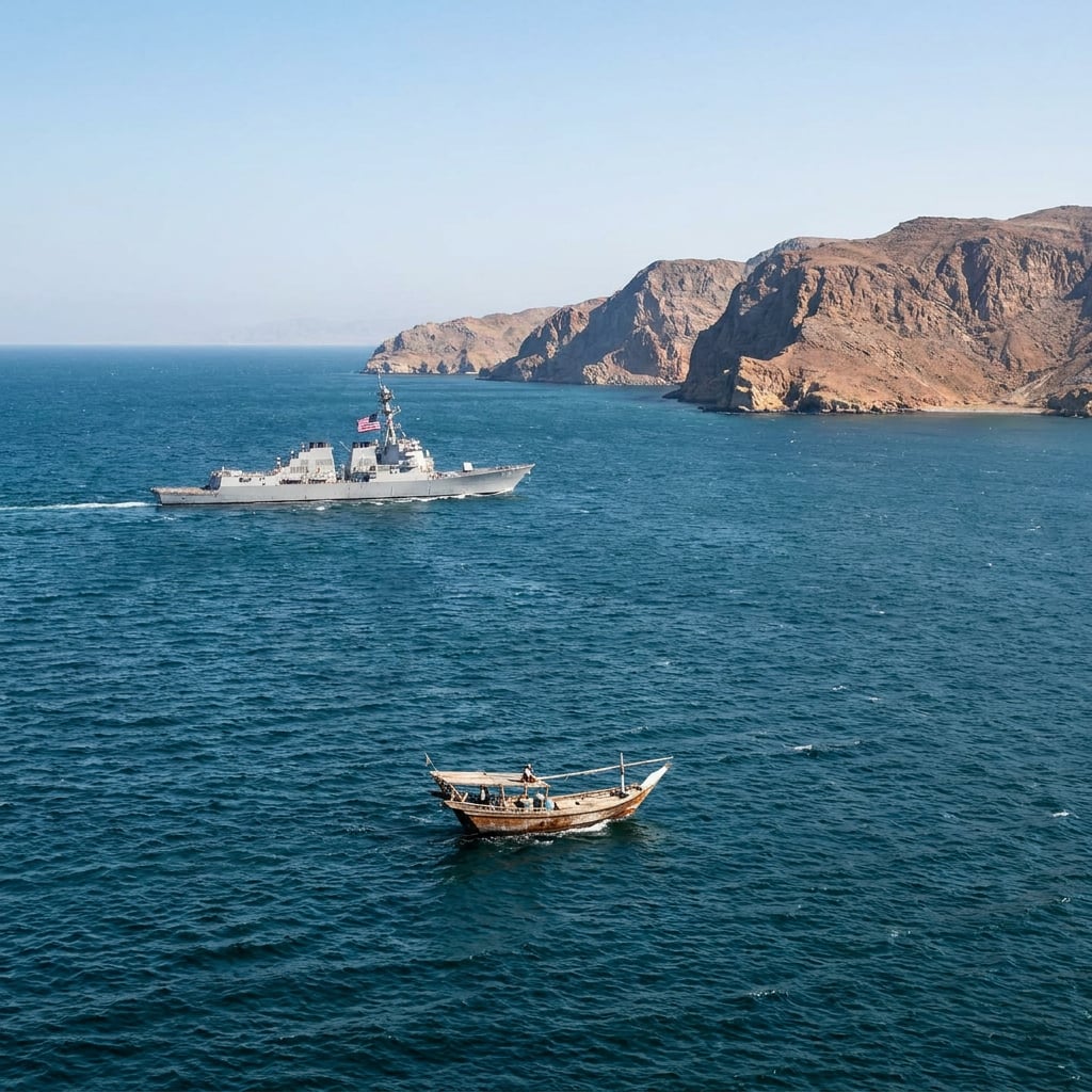 A naval ship and a traditional boat are sailing in the ocean near rocky cliffs.