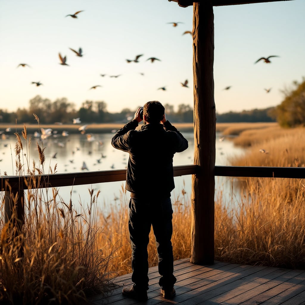 A person stands on a deck overlooking a body of water, surrounded by tall grass and birds in flight.