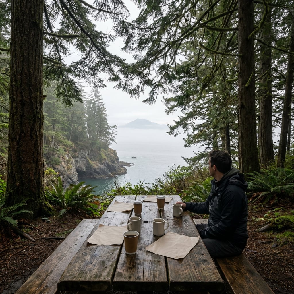 A person sits at a wooden table with coffee cups overlooking a misty coastal view.