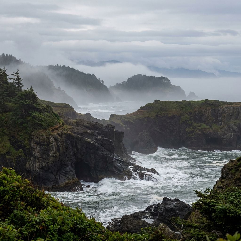 A rugged coastline with rocky cliffs and misty hills in the background.