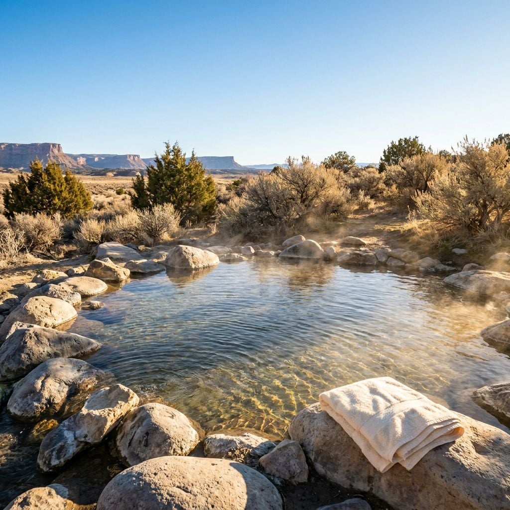 A natural hot spring surrounded by rocks and desert vegetation.