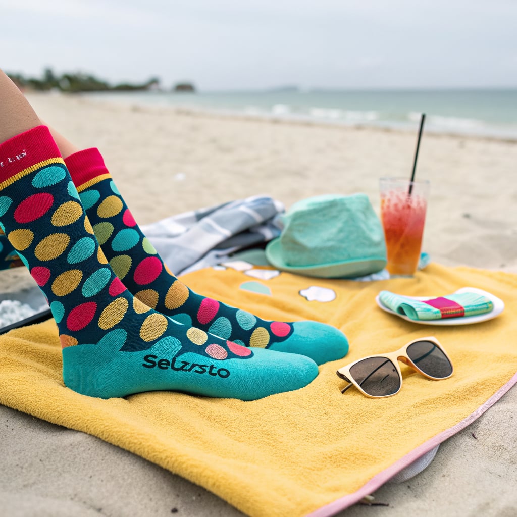 A pair of colorful socks with polka dots is displayed on a beach towel next to a drink and sunglasses.