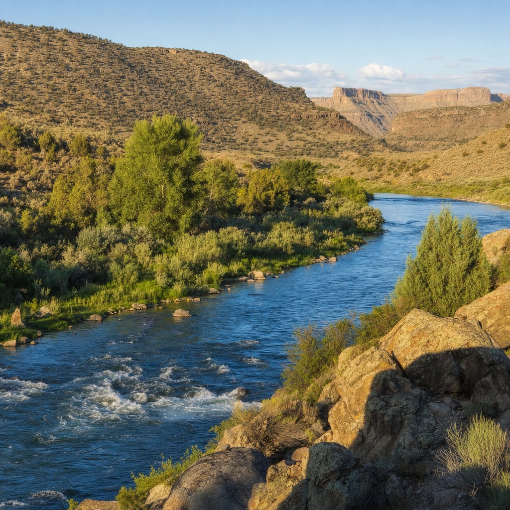 A serene river flows through a lush green landscape surrounded by hills and rocky formations.