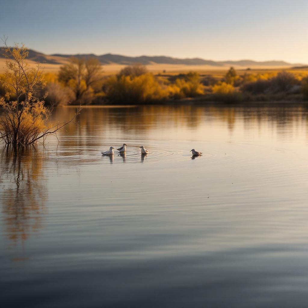 A serene lake scene featuring four ducks swimming in calm water surrounded by trees and distant mountains.