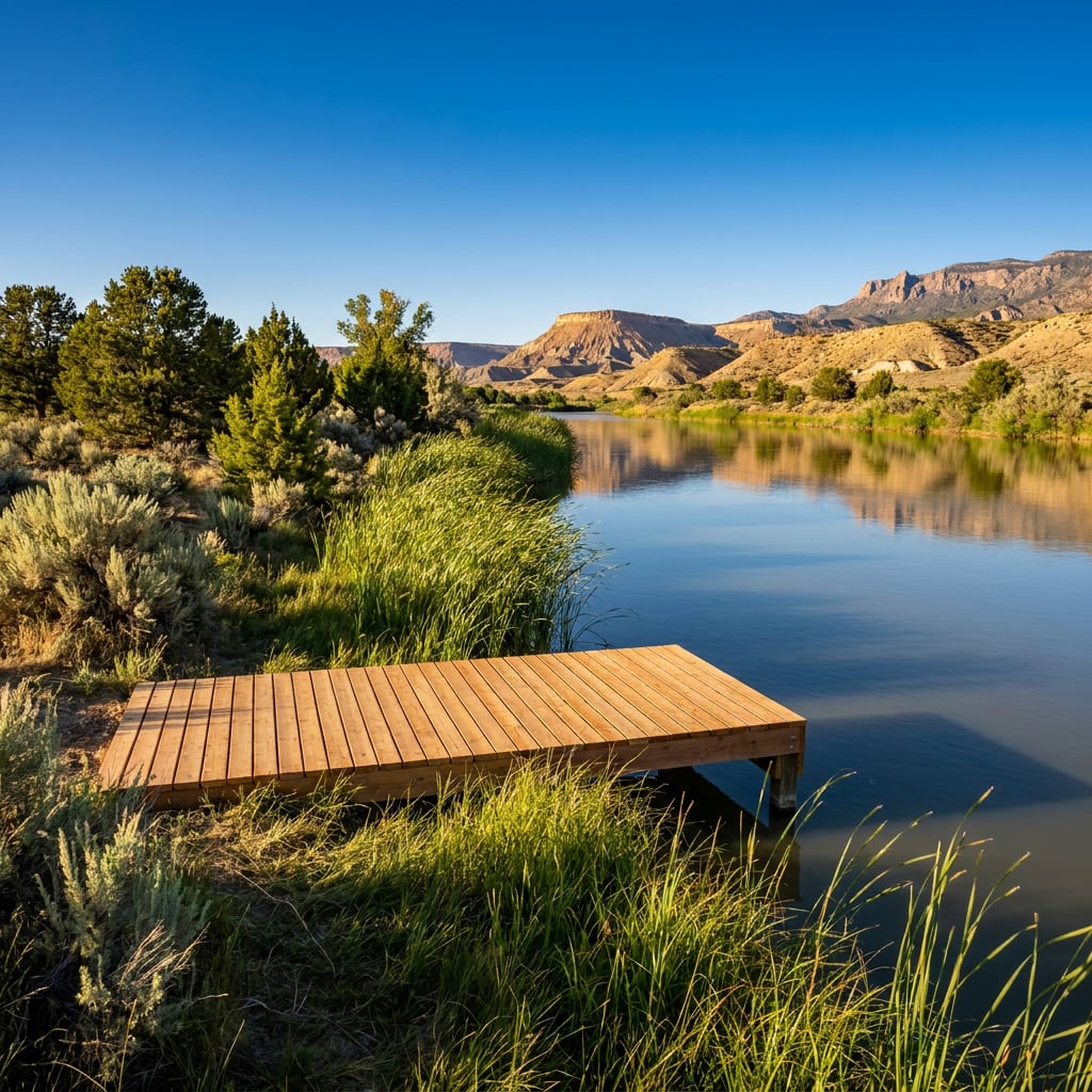 A wooden dock extends into a calm river surrounded by greenery and rocky hills.