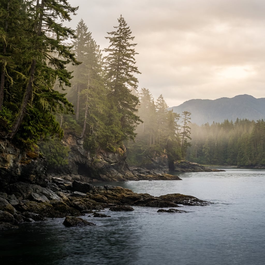 A misty coastal scene with rocky shores and tall trees.