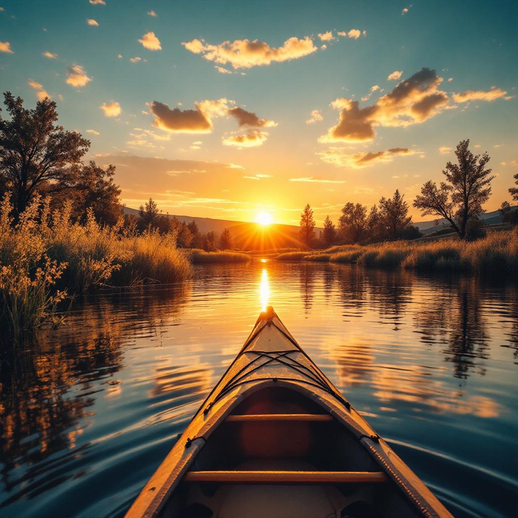 A kayak is seen on a calm river during a vibrant sunset.